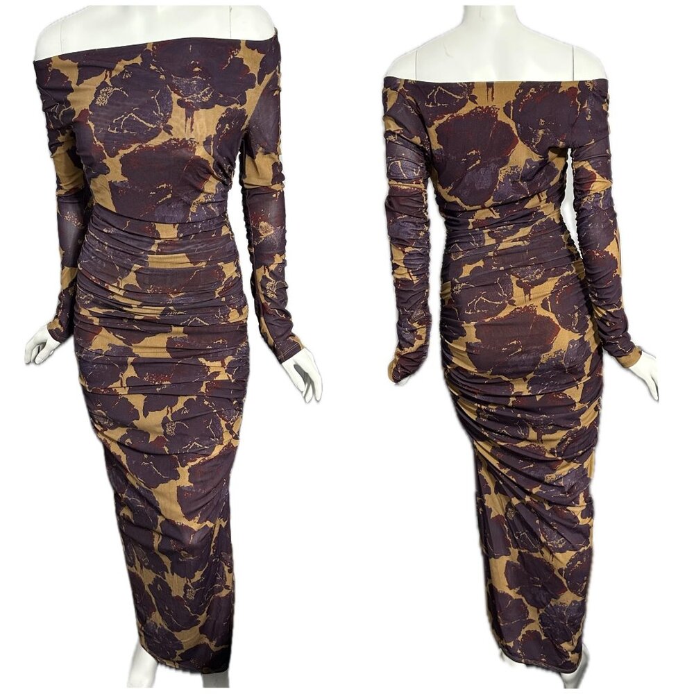 Staud Solana Floral Corset Ruched Mesh Long Sleeve Maxi Dress‎ Womens XS
